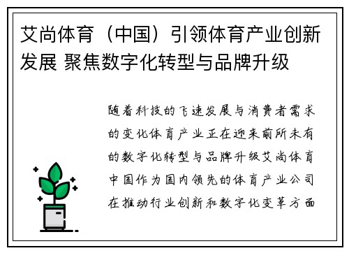 艾尚体育（中国）引领体育产业创新发展 聚焦数字化转型与品牌升级